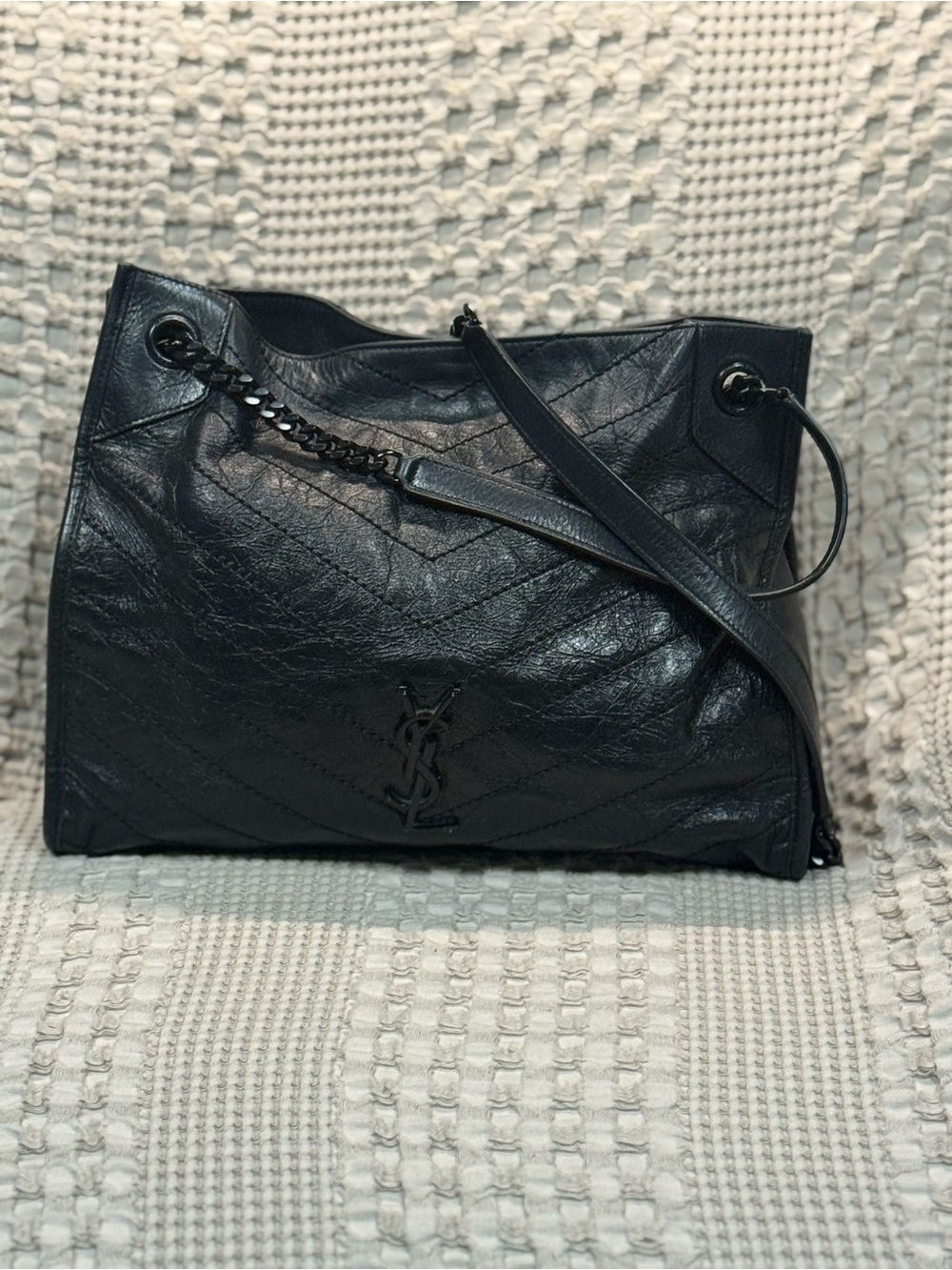 Yves Saint Laurent Matte Black Chevron Leather Shoulder Bag